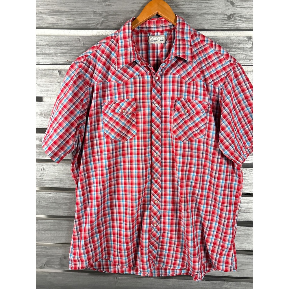 Vintage Wrangler Wrancher Mens Red Plaid Short Sleeve Pearl Snap Shirt XXL y2k